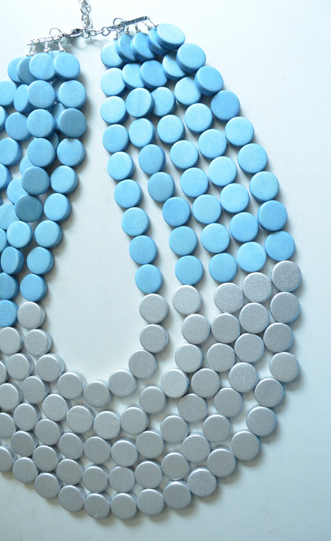 Blue Silver Statement Necklace Wood Beaded Necklace Chunky Etsy