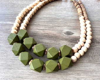 Green Beige Wood Statement Necklace, Wooden Bead Necklace, Chunky Boho Necklace - Riley