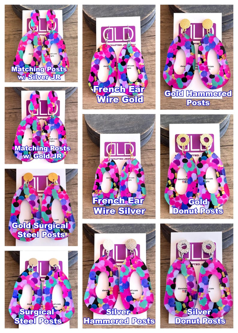 Puede incluir: Un par de pendientes abstractos coloridos con un esquema de color rosa, morado, azul y verde. Los pendientes est&aacute;n disponibles con diferentes estilos de poste, incluyendo acero quir&uacute;rgico dorado, plata, martillo dorado y alambre franc&eacute;s dorado y plateado.