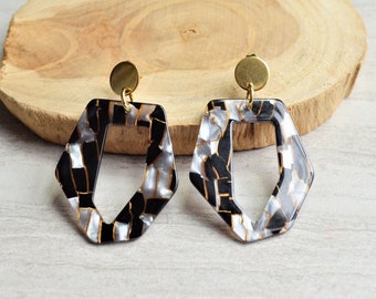 Gray Black Statement Earrings Gold Resin Lucite Earrings Gifts For Her - Mia