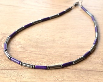 Mens Purple Gray Bead Necklace, Hematite Stone Necklace, Man Jewelry, Necklace for Men - Wyatt