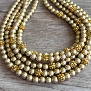 Gold Statement Necklace, Matte Beaded Necklace, Rhinestone Chunky Necklace, Gift For Her - Emma