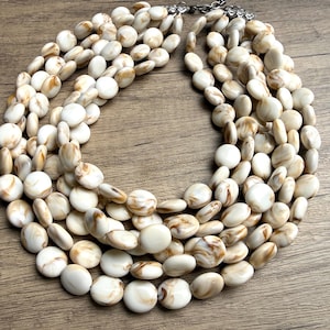 Cream Brown Acrylic Beaded Necklace, Chunky Multi Strand Necklace - Missy