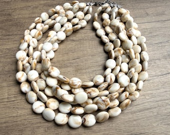 Cream Brown Acrylic Beaded Necklace, Chunky Multi Strand Necklace - Missy