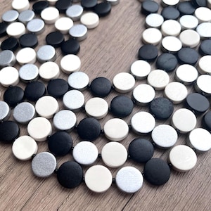 Black Silver White Statement Necklace Wood Beaded Necklace Chunky Multi Strand Necklace - Charlotte