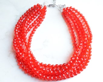 Red Faceted Acrylic Statement Necklace, Beaded Chunky Necklace, Gift For Her - Angelina