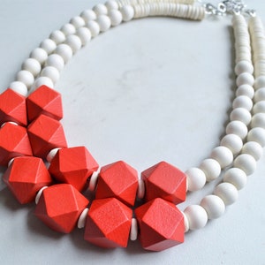 White Red Statement Necklace, Wood Bead Necklace, Chunky Multi Strand Necklace - Riley