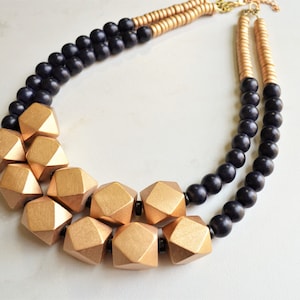 Black Gold Wood Statement Necklace, Chunky Bead Necklace, Multi Strand Jewelry, Gift For Woman - Riley