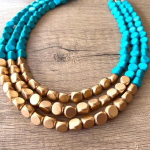 Turquoise Gold Statement Necklace, Wood Bead Necklace, Chunky Necklace, Gift For Her - Lisa