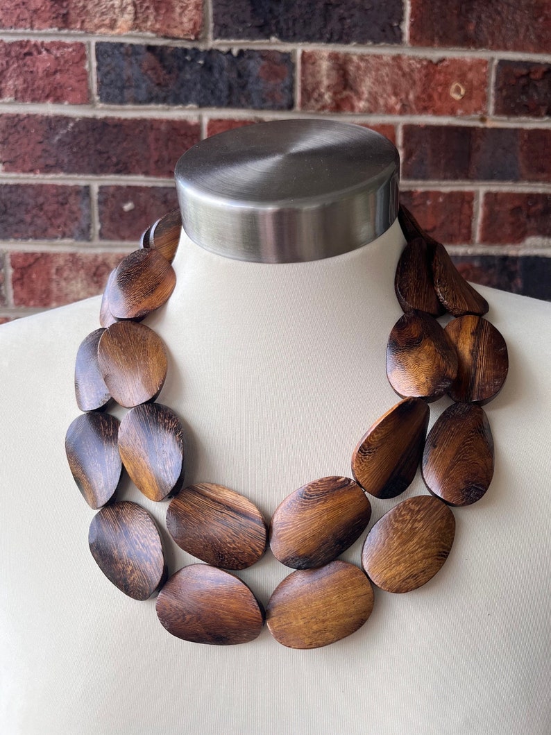 Wood Statement Necklace Brown Beaded Necklace Chunky Multi Strand Necklace Gift For Her Miranda 2