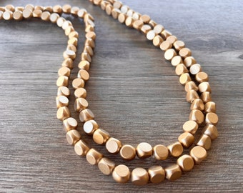 Gold Long Statement Necklace, Wood Bead Necklace, Wooden Necklace, Gift For Her - Nicoline