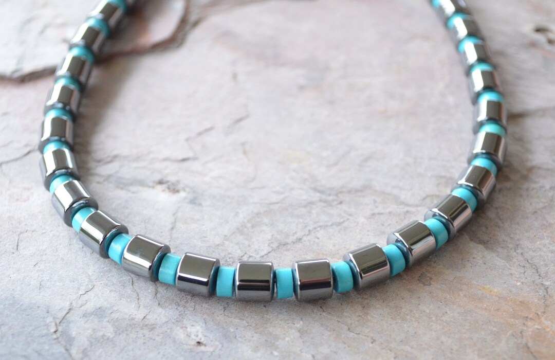 Gray Blue Mens Necklace Bead Hematite Necklace Turquoise - Etsy