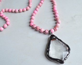 Pink Bead Statement Necklace, Long Knotted Necklace, Glass Pendant Necklace - San Jose