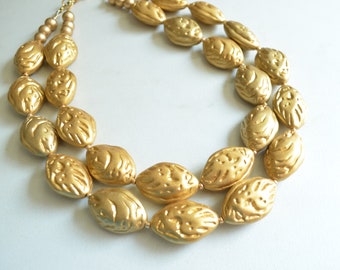 Gold Shell Statement Necklace, Acrylic Bead Necklace, Chunky Multi Strand - Seaside