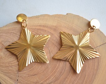 Gold Star Statement Earrings, Big Metal Earrings, Large Dangle Earrings