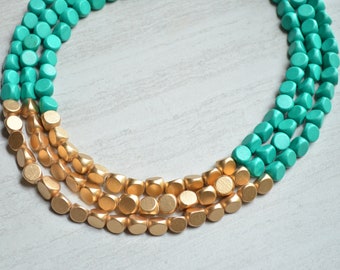 Green Gold Statement Necklace, Wood Chunky Necklace, Multi Strand Necklace, Gift For Her - Lisa