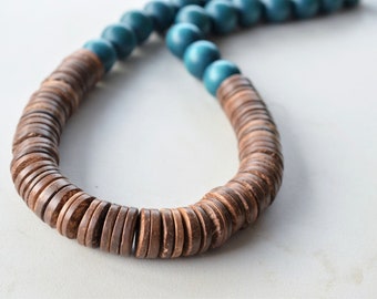 Teal Green Blue Brown Wood Long Beaded Chunky Statement Necklace Gift For Her - Elena