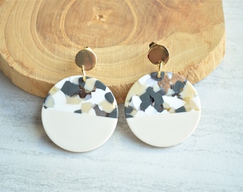 Cream Gray Statement Earrings, Big Lucite Earrings, Large Acrylic Earrings - Orville