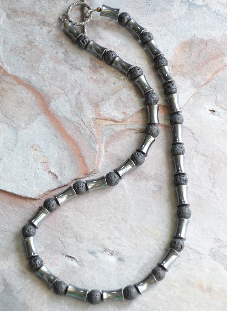 Mens Beaded Necklace Hematite Lava Rock Necklace Men Surfer Necklace Mens Gift James image 4