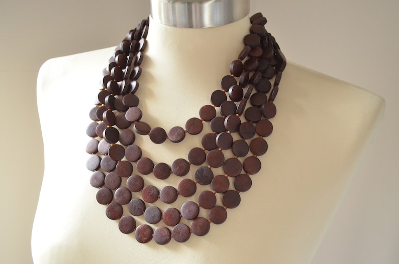 Brown Wood Statement Necklace, Beaded Layered Necklace, Chunky Wood Necklace, Gift For Her Charlotte image 1