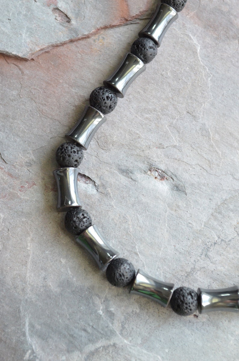 Mens Beaded Necklace Hematite Lava Rock Necklace Men Surfer Necklace Mens Gift James image 5