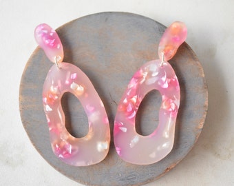Pink Gold Statement Earrings, Terrazzo Lucite Earring, Acrylic Big Earrings - Sylvia