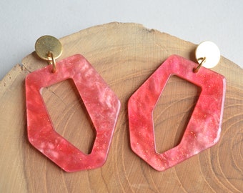 Earrings Pink Lucite, Glitter Gold Earrings, Large Acrylic Earrings - Mia