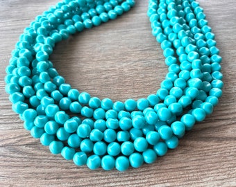 Turquoise Blue Beaded Statement Necklace, Acrylic Chunky Necklace, Lucite Multi Strand, Gift For Her - Beth