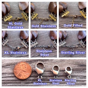 The image is a collage of six photographs showing different types of metal jewelry, including necklaces and clasps, with labels indicating the material and size.