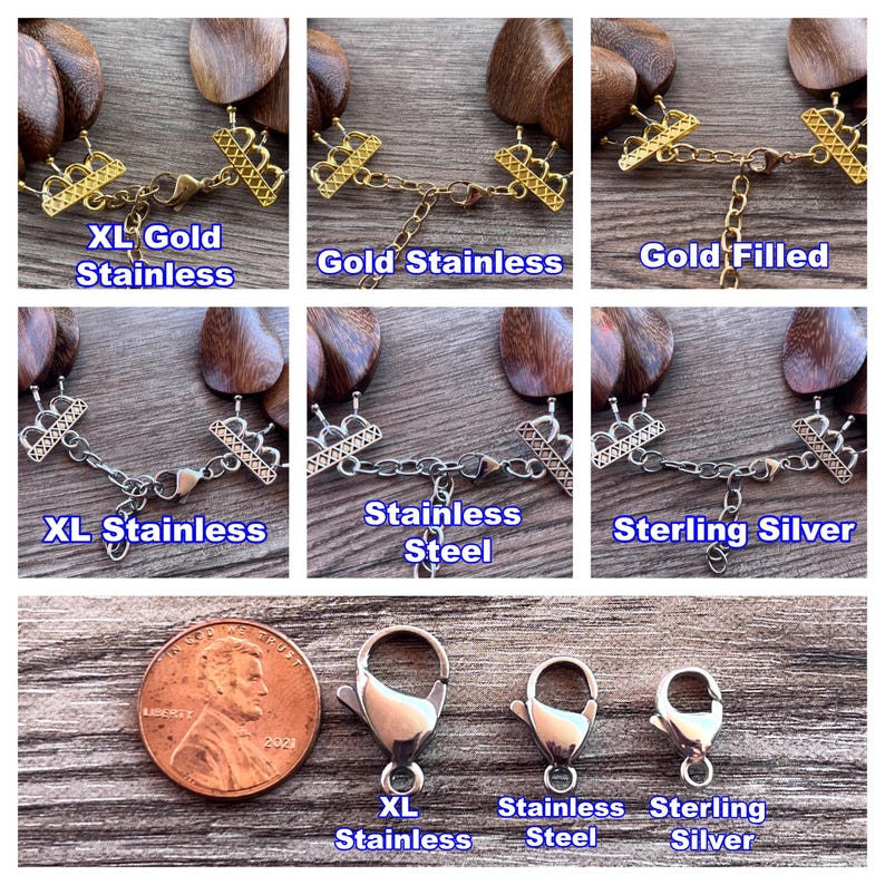 The image is a collage of six photographs showing different types of metal jewelry, including necklaces and clasps, with labels indicating the material and size.