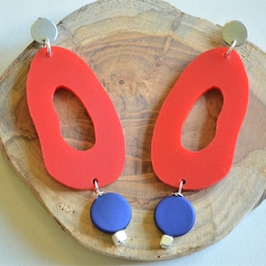 Red Blue Statement Earrings, Acrylic Matte Earrings, Lucite Big Earrings - Sylvia
