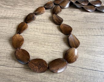 Wood Long Beaded Statement Necklace, Wooden Boho Jewelry - Shelly