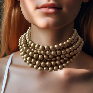 Gold Choker Matte Bead Statement Necklace, Short Multi Strand Necklace - Alana
