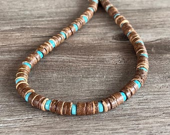 Wood Turquoise Mens Necklace, Beaded Surfer Necklace, Man Necklace, Gifts For Him - Dennis
