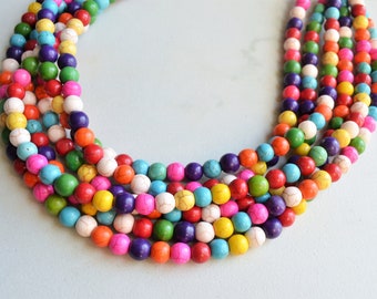 Multi Color Statement Necklace, Colorful Bead Necklace, Chunky Multi Strand - Michelle