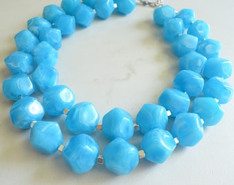 Blue Lucite Statement Necklace, Chunky Beaded Necklace, Acrylic Bead Necklace, Gift for Her - Ashley