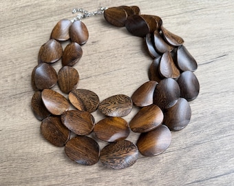 Braune Holzperlen Statement Halskette, Holzschmuck - Miranda
