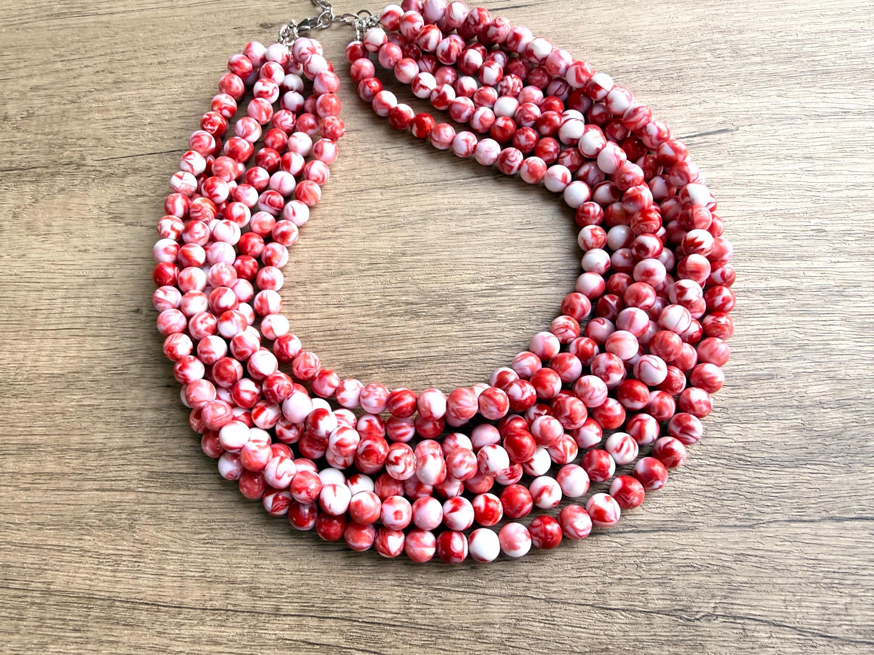 Red White Acrylic Beaded Multi Strand Statement Necklace