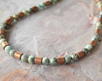 Turquoise Copper Mens Beaded Necklace, Stone Bead Necklace, Mens Jewelry, Gift For Him