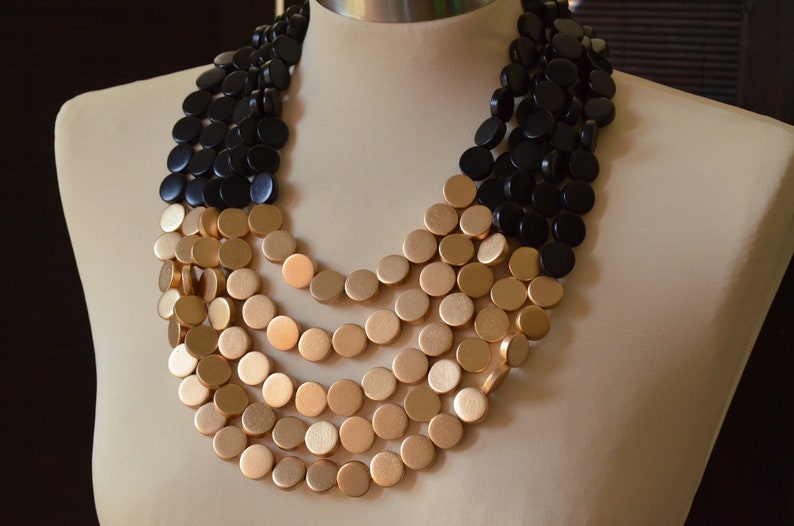 Black Gold Statement Necklace, Wood Beaded Necklace, Chunky Necklace, Gift For Her Regan image 3