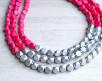 Hot Pink Statement Necklace, Wood Chunky Necklace, Multi Strand Necklace - Lisa