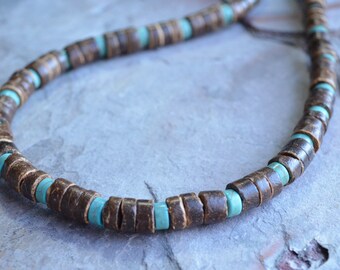 Wood Turquoise Mens Necklace, Beaded Surfer Necklace, Man Necklace, Gifts For Him - Dennis