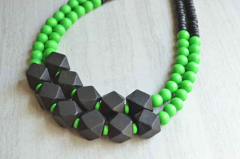 Green Black Statement Necklace Wood Beaded Necklace Multi Strand Chunky Necklace Riley