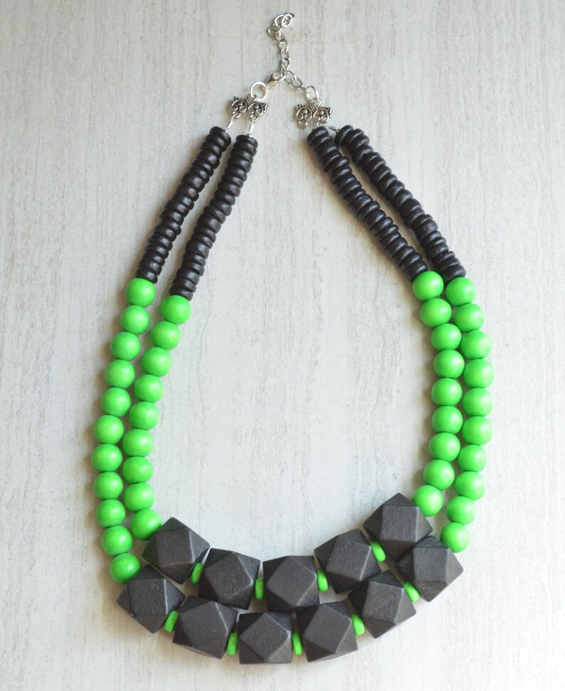 Green Black Statement Necklace Wood Beaded Necklace Multi Strand Chunky Necklace Riley
