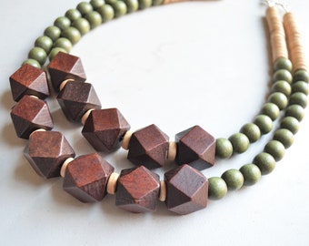 Brown Green Statement Necklace, Beaded Wood Necklace, Chunky Necklace, Necklace For Women - Riley