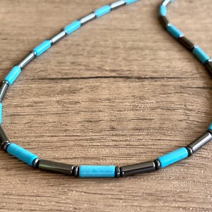 Mens Turquoise Gray Bead Necklace, Hematite Stone Necklace, Man Jewelry, Necklace for Men