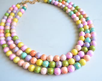 Multi Color Statement Necklace, Chunky Bead Necklace, Pastel Multi Strand, Necklace For Women - Jamie