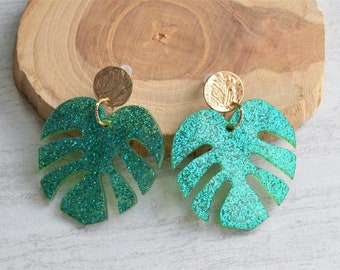 Green Statement Earrings Palm Earrings Tropical Earrings Monstera Earrings Big Earrings Gift For Her - Tropicana