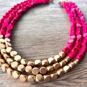 Hot Pink Gold Wood Beaded Statement Necklace, Wooden Jewelry - Lisa