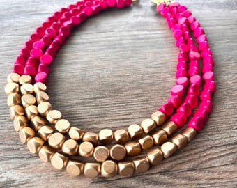 Hot Pink Gold Wood Beaded Statement Necklace, Wooden Jewelry - Lisa